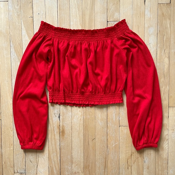 H&M Red Gauze Cottage Milkmaid Off Shoulder Long Sleeve Crop Top Medium - Picture 1 of 4